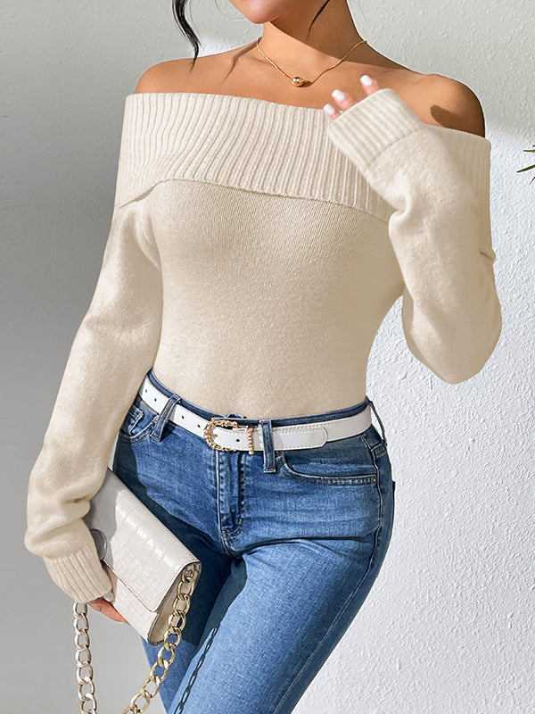 Long Sleeves Solid Color Off-The-Shoulder Pullovers Sweater Tops