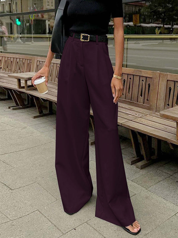 High Waisted Loose No Belt Pleated Pockets Solid Color Suit Pants Trousers