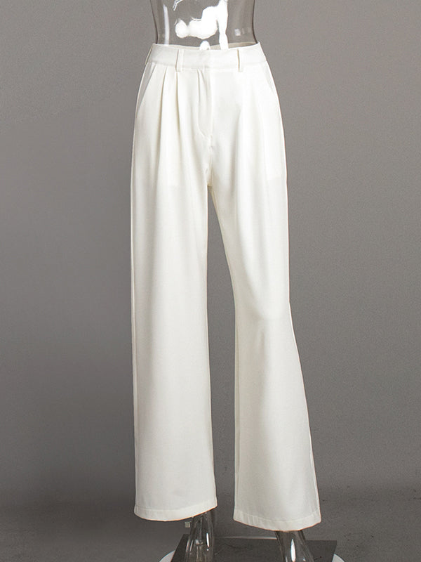 High Waisted Loose No Belt Pleated Solid Color Pants Trousers