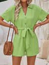 Loose Short Sleeves Buttoned Jacquard Solid Color Tied Waist Lapel Rompers