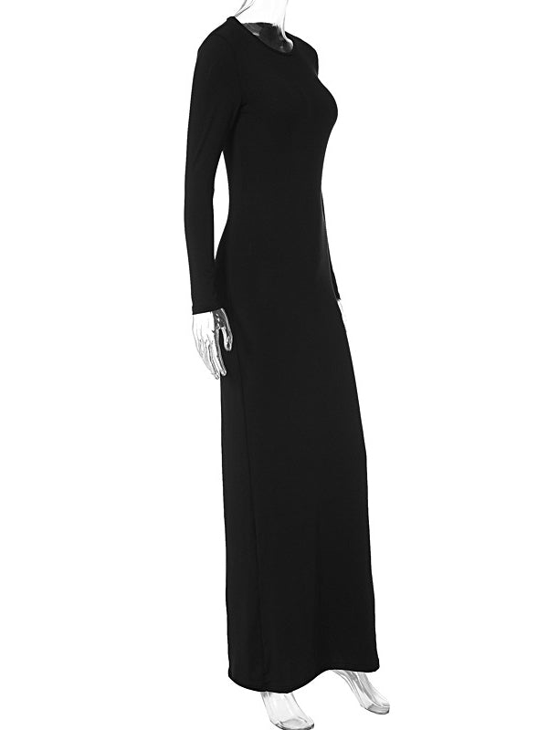 Bodycon Long Sleeves See-Through Solid Color Round-Neck Maxi Dresses