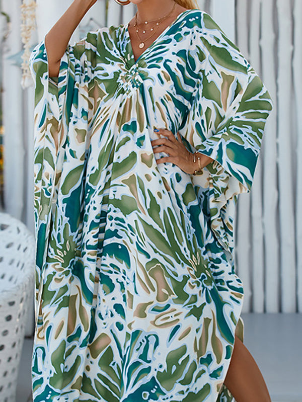 Batwing Sleeves Loose Printed Split-Joint Split-Side Sun Protection V-Neck Beach Cover-Up Maxi Dresses