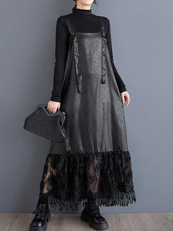 A-Line Loose Jacquard Solid Color Split-Joint Spaghetti-Neck Suspender Dress