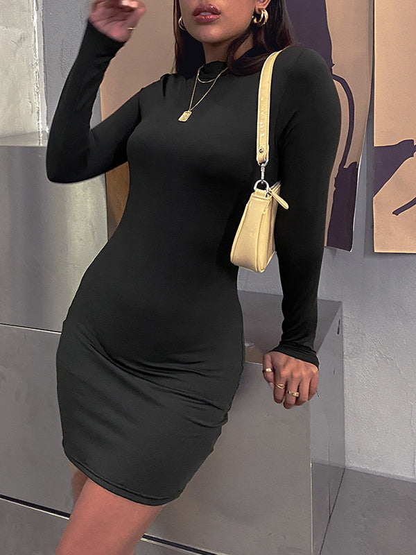 Bodycon Long Sleeves Solid Color Mock Neck Mini Dresses