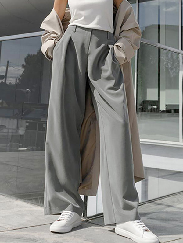 High Waisted Wide Leg Pleated Pockets Solid Color Suit Pants Trousers