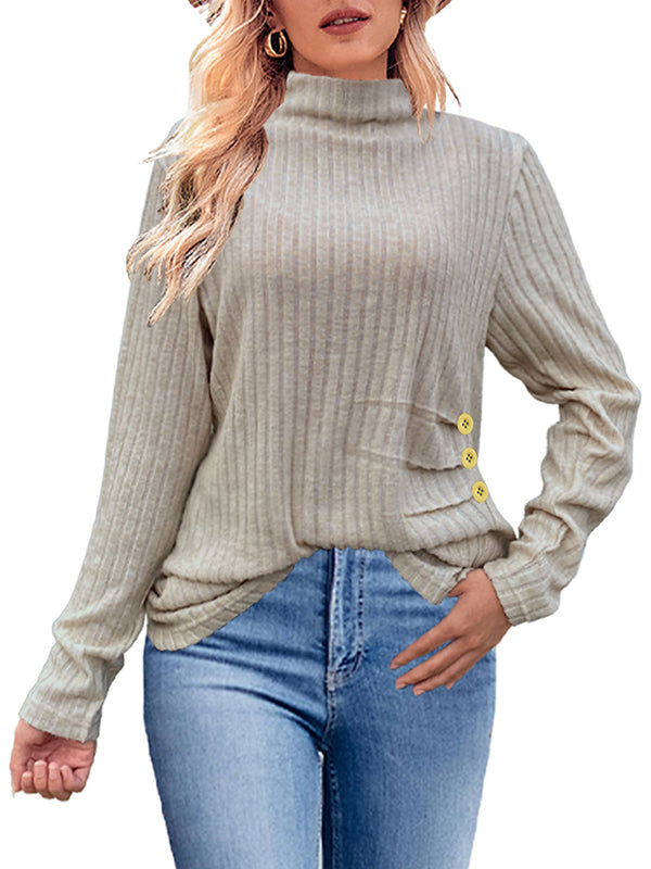 Long Sleeves Loose Buttoned Pleated Solid Color High Neck T-Shirts Tops