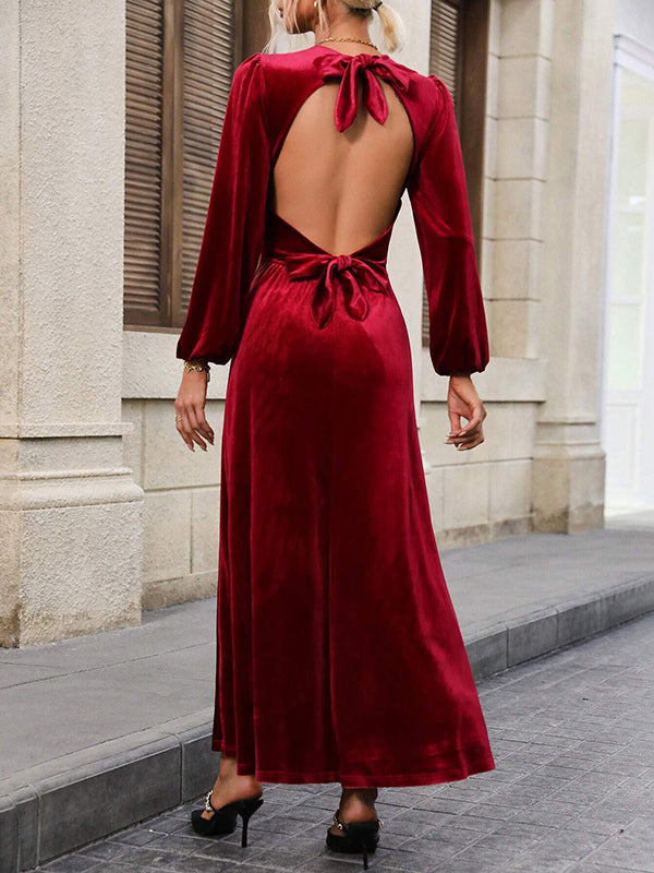 A-Line High Waisted Backless Elasticity Pleated Solid Color Tied Velvet Round-Neck Maxi Dresses