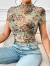 Short Sleeves Skinny Figure Flower Print Ruffle Trim See-Through Mock Neck T-Shirts Tops