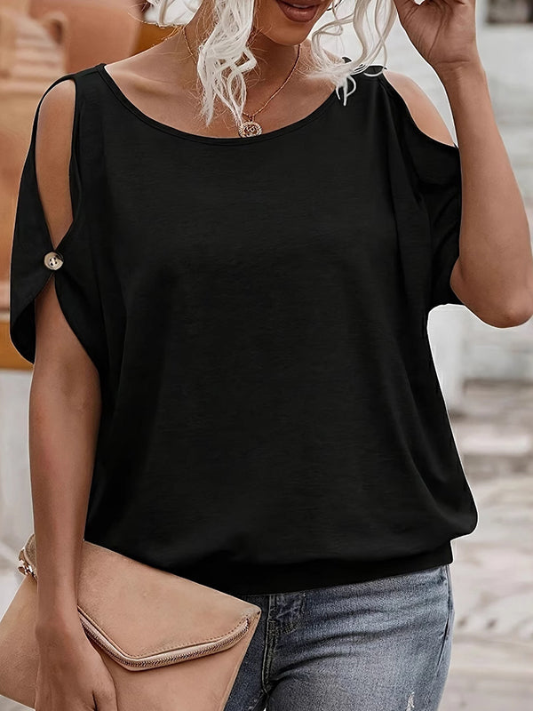 Loose Short Sleeves Split-Joint Cold Shoulder T-Shirts Tops