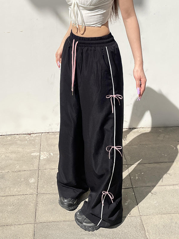 Loose Wide Leg Bowknot Drawstring Elasticity Split-Joint Pants Trousers