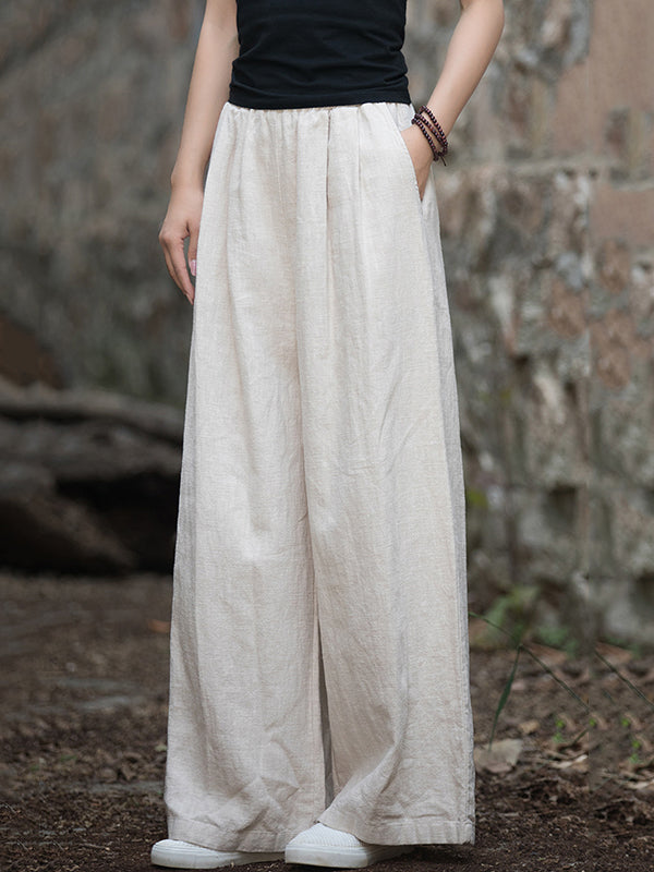 Loose Wide Leg Elasticity Pleated Pockets Solid Color Pants Trousers