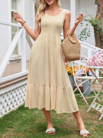 A-Line Loose Pleated Pockets Solid Color Split-Joint Round-Neck Midi Dresses