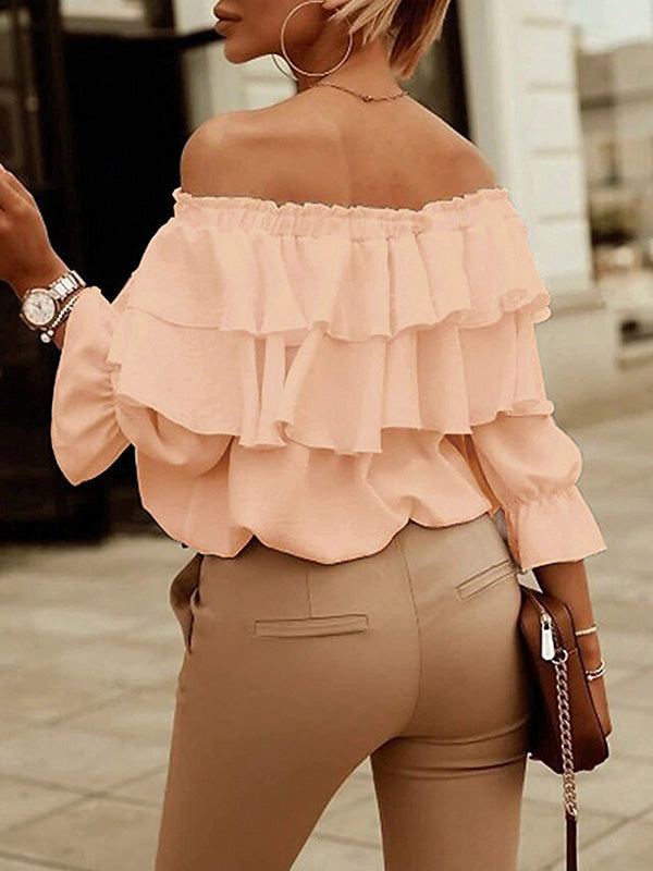 Long Sleeves Loose Layered Pleated Solid Color Split-Joint Tied Off-The-Shoulder Blouses&Shirts Tops