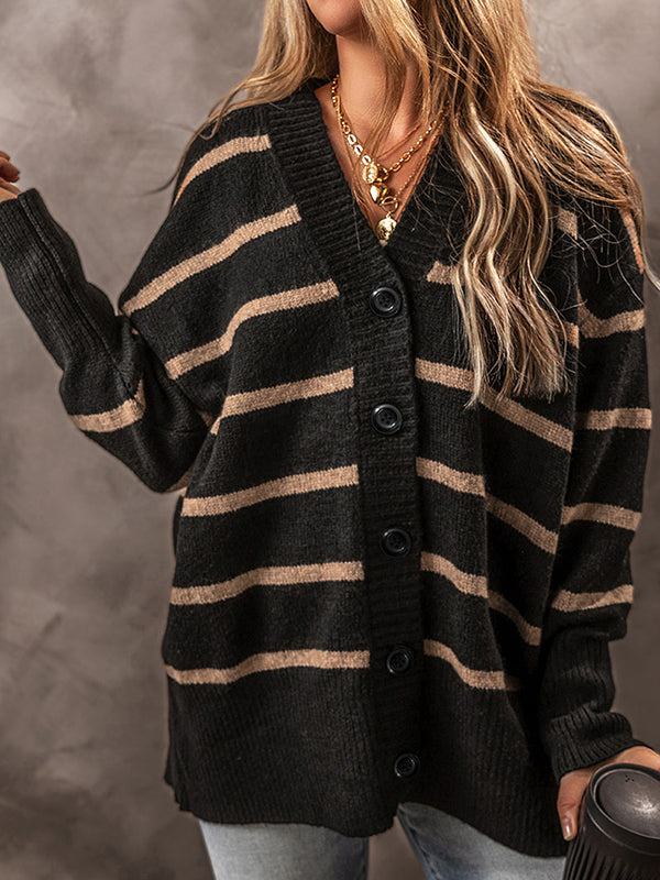 Long Sleeves Loose Buttoned Contrast Color Striped V-Neck Cardigan Tops