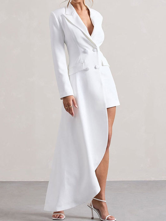 Long Sleeves Asymmetric Buttoned Pockets Solid Color Notched Collar Blazer Maxi Dress