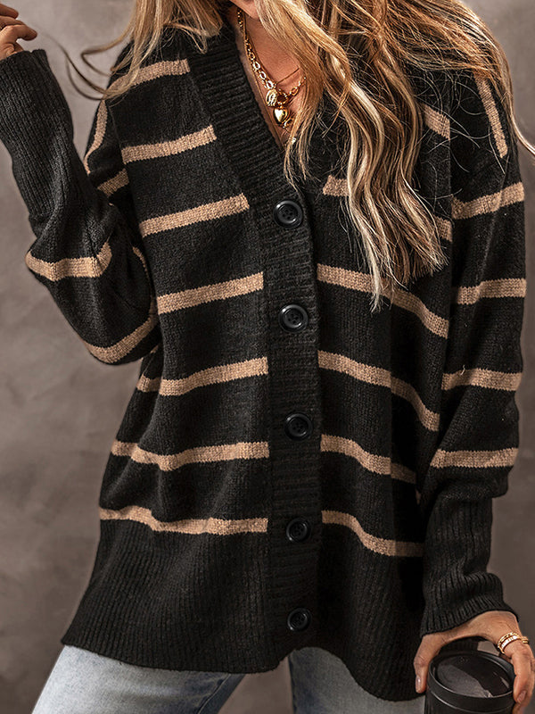 Long Sleeves Loose Buttoned Contrast Color Striped V-Neck Cardigan Tops