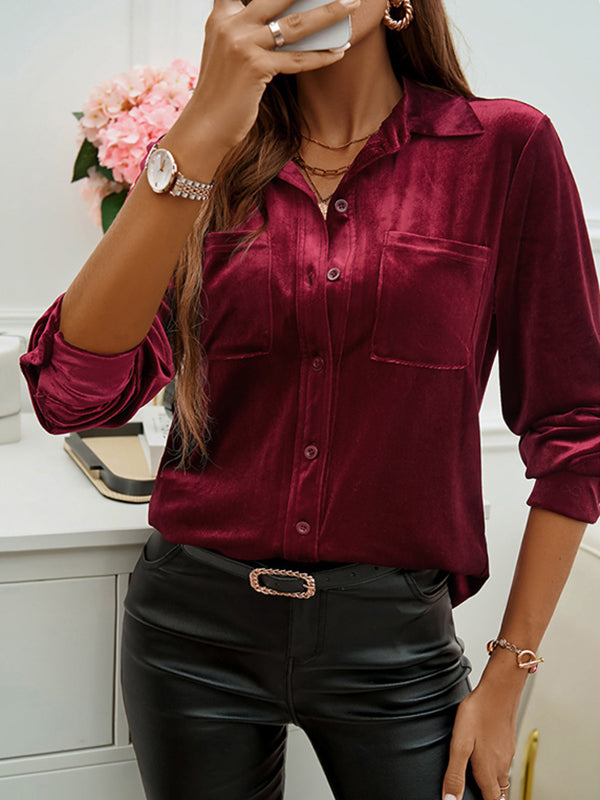 Long Sleeves Loose Buttoned Pockets Solid Color Velvet Lapel Blouses&Shirts Tops