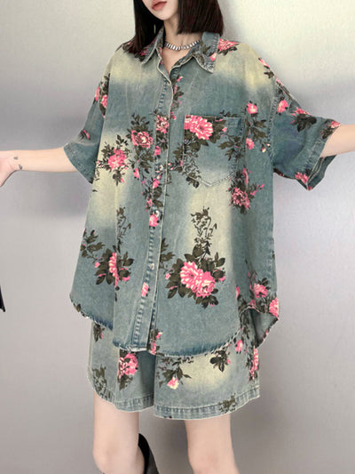 High-Low Loose Floral Printed Split-Joint Lapel Blouses&Shirts Tops