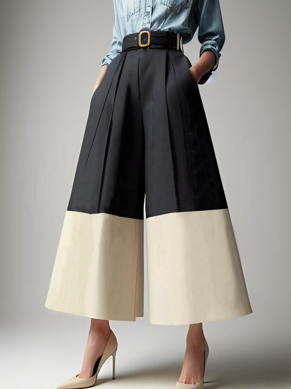 High Waisted Loose Contrast Color No Belt Pleated Pockets Pants Trousers