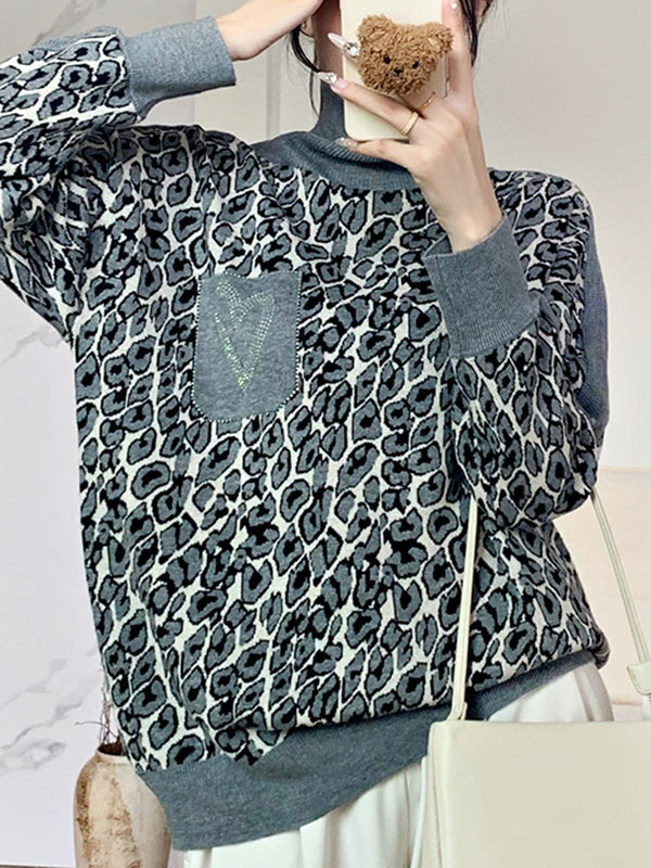 Long Sleeves Loose Leopard Split-Joint High Neck Pullovers Sweater Tops