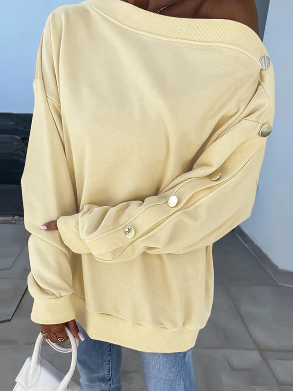 Long Sleeves Loose Buttoned Solid Color Split-Joint One-Shoulder Sweatshirt Tops