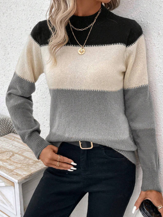 Long Sleeves Contrast Color Round-Neck Pullovers Sweater Tops