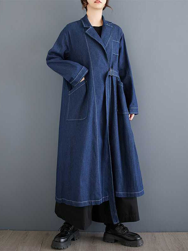 Long Sleeves Loose Buckle Pockets Solid Color Split-Joint Notched Collar Outerwear Trench Coats