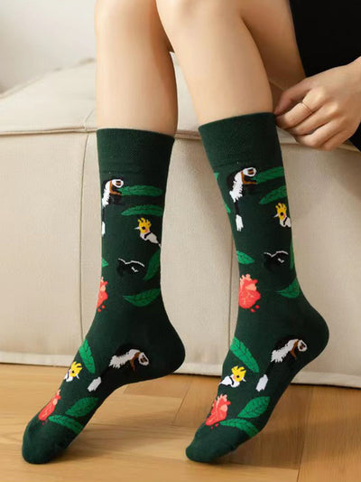 Animal Printed Contrast Color Leaves Print Split-Joint Sweat-Absorbing Socks Accessories