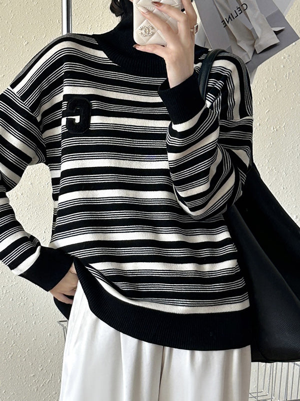 Long Sleeves Loose Contrast Color Split-Joint Striped High Neck Pullovers Sweater Tops