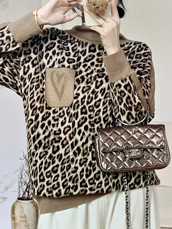 Long Sleeves Loose Leopard Split-Joint High Neck Pullovers Sweater Tops