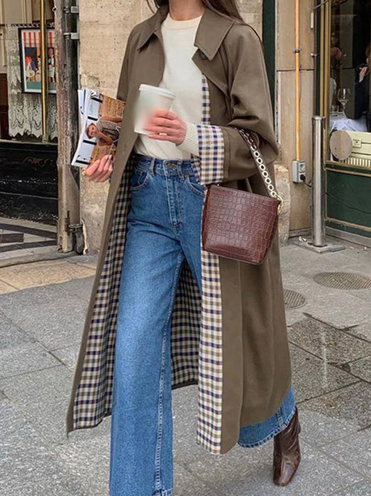 Long Sleeves Loose Buttoned Plaid Split-Joint Lapel Outerwear Trench Coats