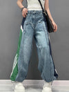 Loose Wide Leg Contrast Color Drawstring Elasticity Fringed Split-Joint Jean Pants Bottoms