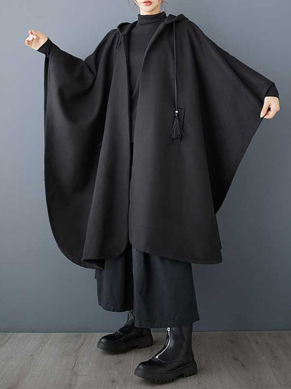 Batwing Sleeves Hooded Drawstring Pockets Split-Joint Tasseled Zipper Cape Outerwear Trench Coats