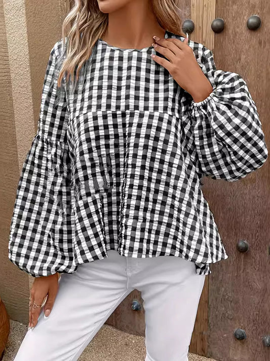 Loose Puff Sleeves Elasticity Hollow Plaid Split-Joint Round-Neck Blouses&Shirts Tops