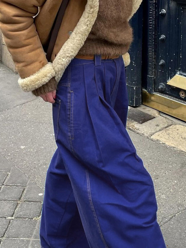 Loose Wide Leg Pleated Pockets Solid Color Pants Trousers