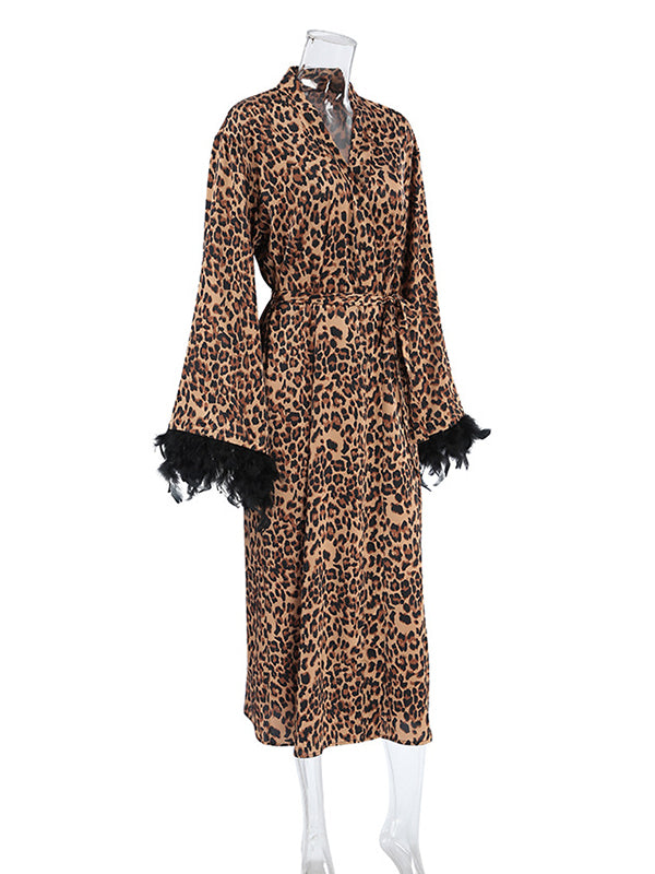 A-Line High Waisted Leopard Split-Joint Tied Waist Deep V-Neck Maxi Dresses