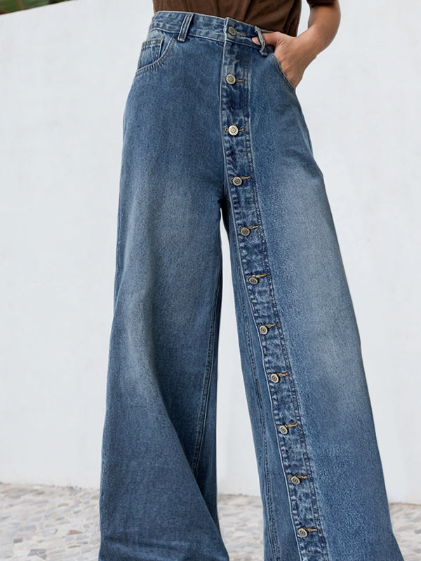 High Waisted Loose Buttoned Pockets Jean Pants Bottoms