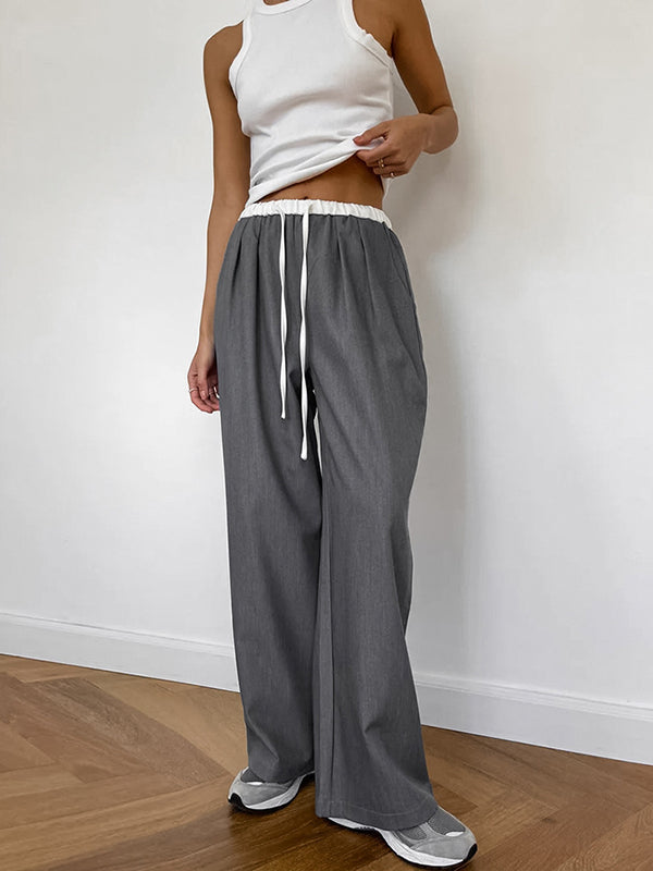 High Waisted Loose Contrast Color Drawstring Pockets Pants Trousers