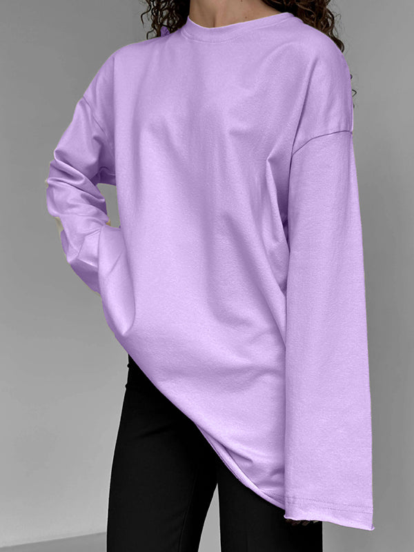 Long Sleeves Loose Solid Color Round-Neck T-Shirts Tops