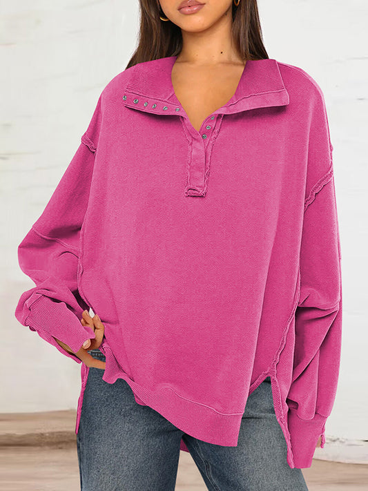 Long Sleeves Loose Buttoned Solid Color Split-Front Lapel Sweatshirt Tops