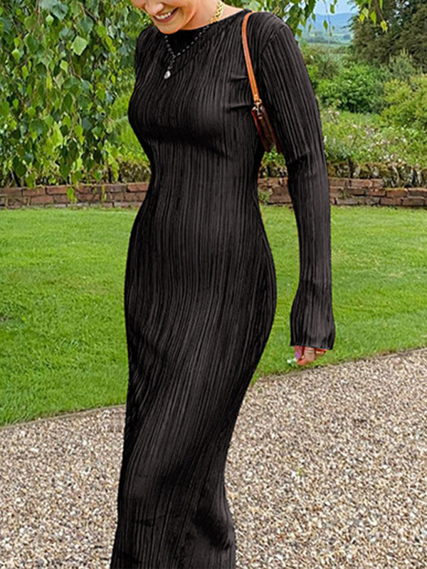 Long Sleeves Skinny Pleated Solid Color Split-Joint Round-Neck Maxi Dresses