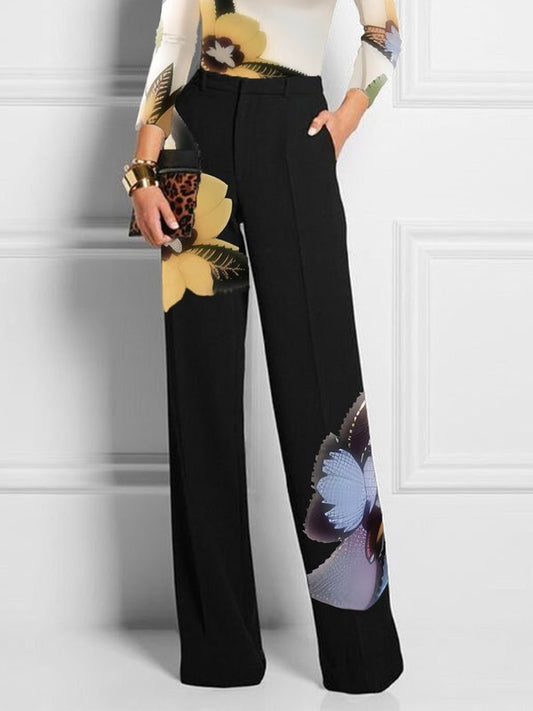 High Waisted Loose Flower Print Pockets Pants Trousers