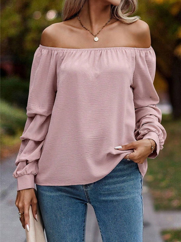 Long Sleeves Loose Elasticity Pleated Solid Color Off-The-Shoulder Blouses&Shirts Tops