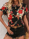 Loose Short Sleeves Flower Print Hollow Split-Joint Round-Neck Blouses&Shirts Tops