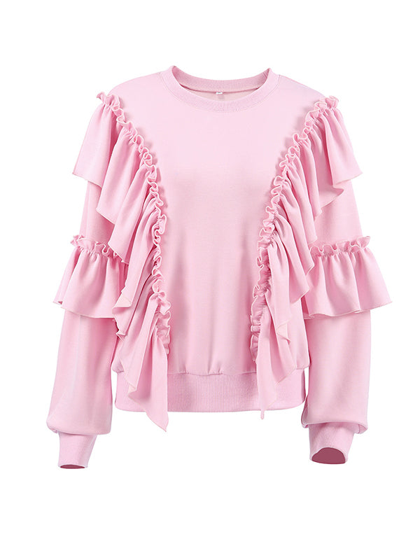 Long Sleeves Loose Ruffle Trim Solid Color Split-Joint Round-Neck Sweatshirt Tops