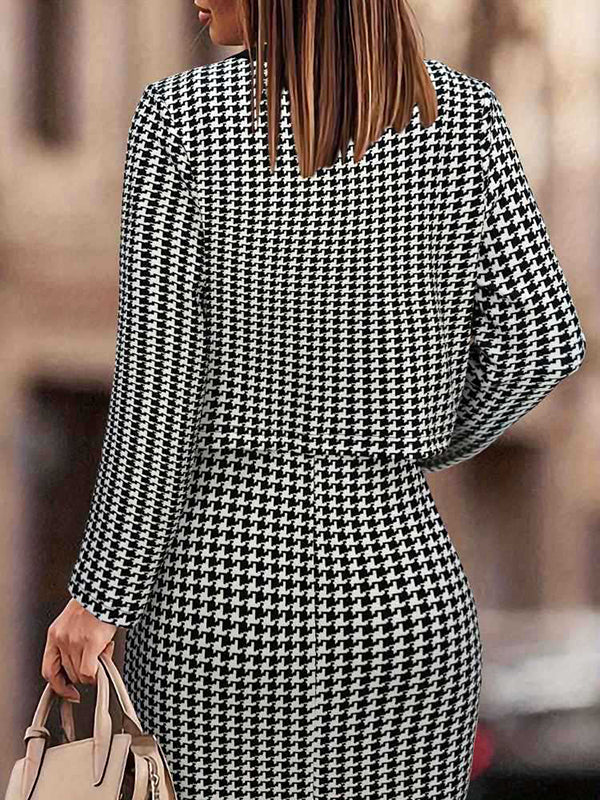 Long Sleeves Buttoned Plaid Round-Neck Outerwear + Midi Dresses Two Pieces Set