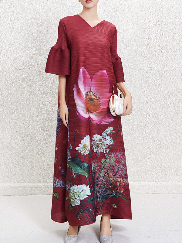 A-Line Flared Sleeves Flower Print Pleated V-Neck Maxi Dresses