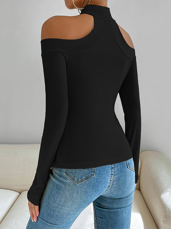 Long Sleeves Skinny Solid Color Off-The-Shoulder T-Shirts Tops