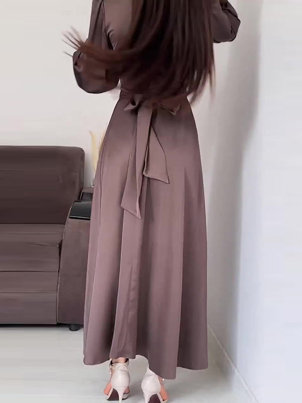 A-Line Long Sleeves Pleated Solid Color Tied Waist Zipper Mock Neck Maxi Dresses