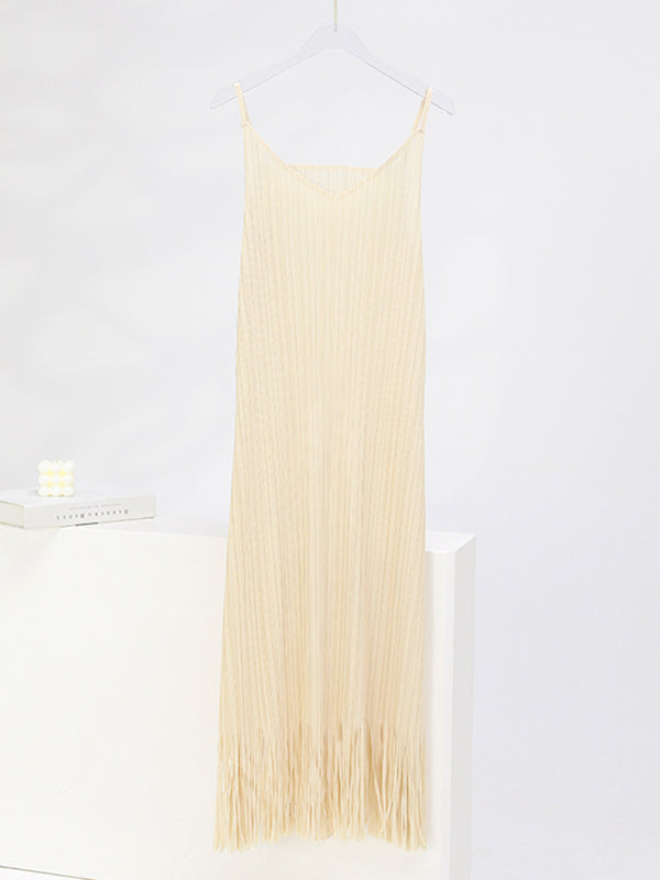 Loose Sleeveless Pleated Solid Color Tasseled Spaghetti-Neck Midi Dresses